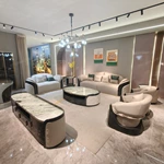 Curved Luxury Sofa Set with Fan Quilted Craftsmanship, High-Gloss Natural Burl Wood Veneer & Gold Stainless Steel Detailing